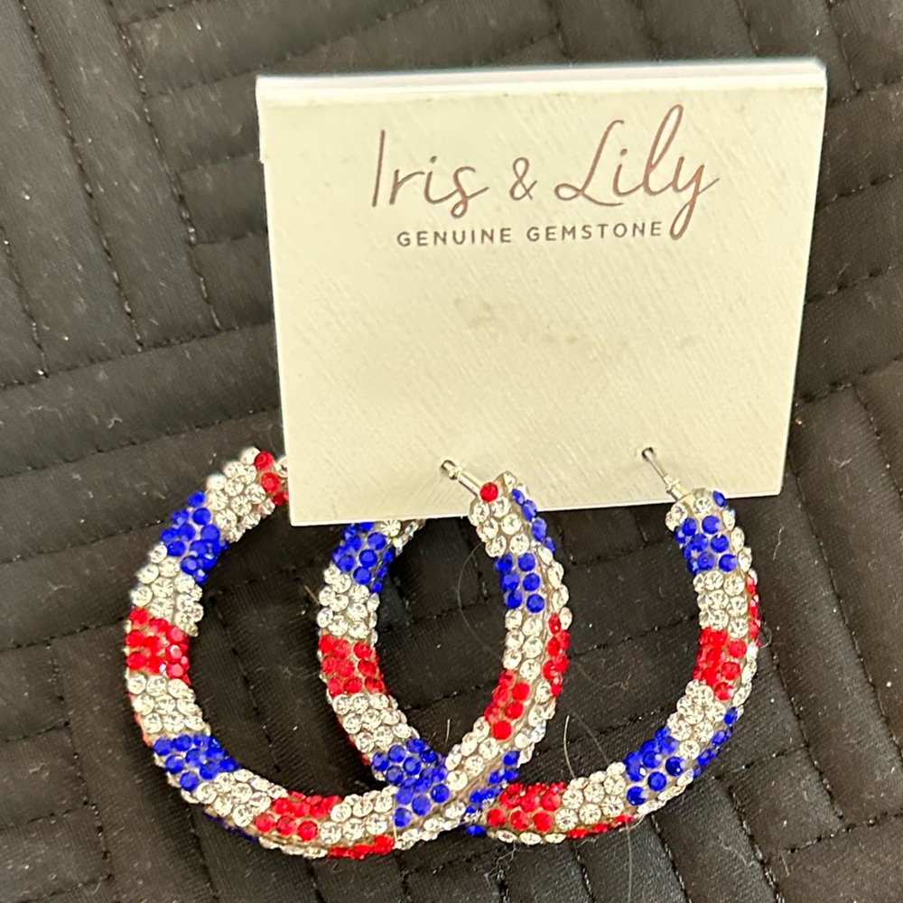 Red, Blue, and Silver Hoop Earrings
